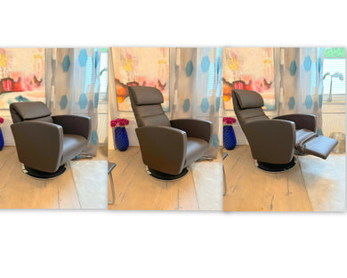 Strässle Relaxsessel Age in dunkelbraunem Leder mit 5‑Stern‑Drehteller und Ledereinlage
