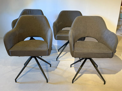 Vierergruppe Akante Chicago Stühle in grauem Stoffbezug, moderne Rückansicht, schwarzes Metallgestell.